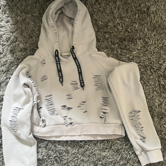 Emma & Sam Tops - Gray Cropped Distressed Hoodie